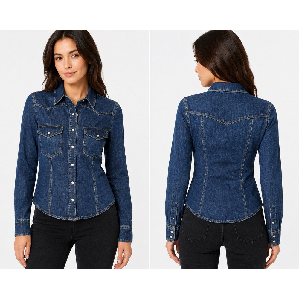 MNG Mango Women's XS Dark Wash Denim Western Pearl Snap Fitted Shirt